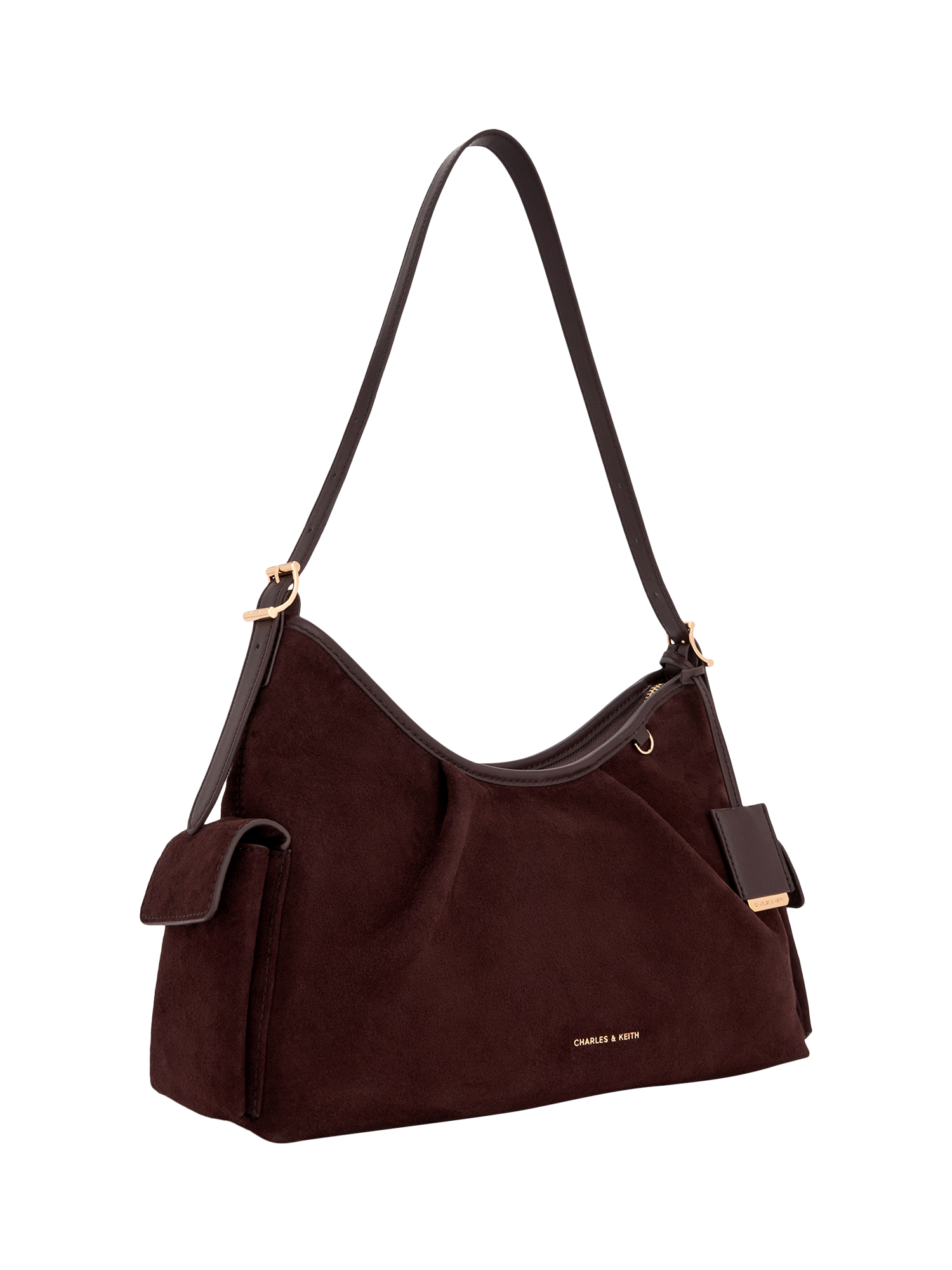Product image 2 of 5, which shows CHARLES & KEITH Khai Leather Zip Shoulder Bag, Chocolate