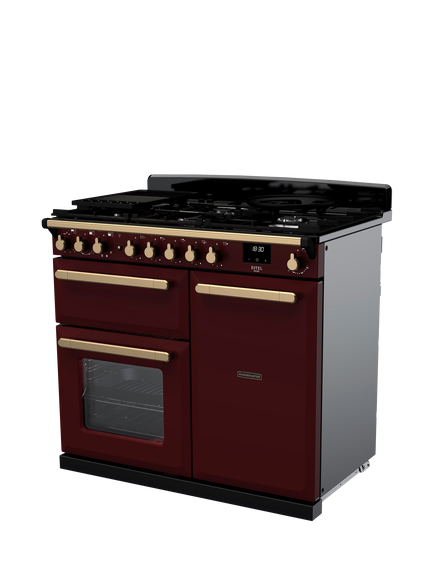Rangemaster Estel Deluxe 100cm Dual Fuel Range Cooker with Gas Hob - view 2, Bordeaux/Antique Brass