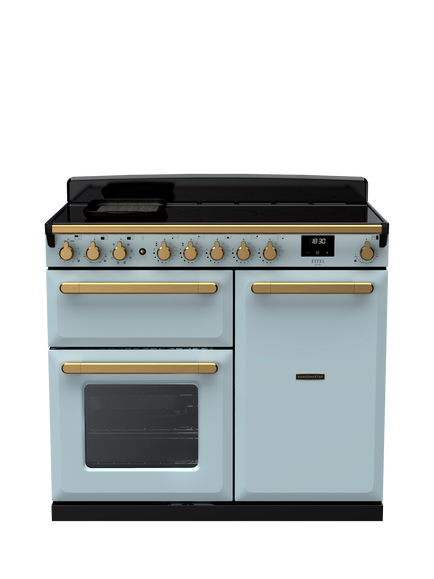 Rangemaster Estel Deluxe 100cm Electric Range Cooker with Induction Hob, Misty Blue/Antique Brass