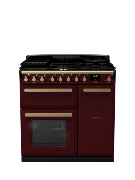 Rangemaster Edge Deluxe 90cm Dual Fuel Range Cooker with Gas Hob, Bordeaux/Antique Brass