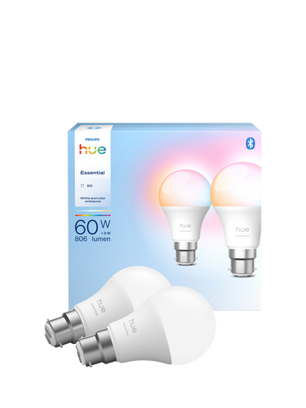 Philips Hue White & Colour Ambiance Essential B22 8W LED Smart Bulb, Pack of 2, Multi Multi