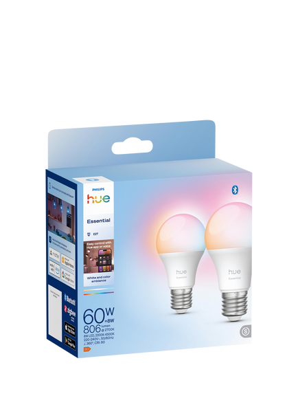 Philips Hue White & Colour Ambiance Essential E27 8W LED Smart Bulb, Pack of 2, Multi Multi