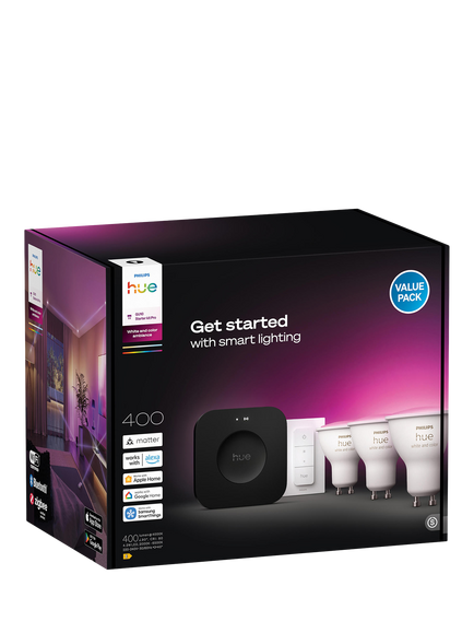 Philips Hue White & Colour Ambiance LED Starter Kit Pro with 3 GU10 4.2W Smart Bulbs with Dimmer Switch & Bridge - view 2, Multi Multi