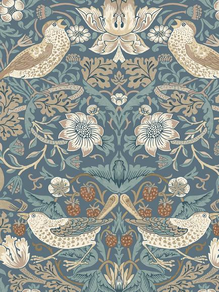 William Morris At Home Strawberry Thief Wallpaper, Washed Blue, Washed Blue