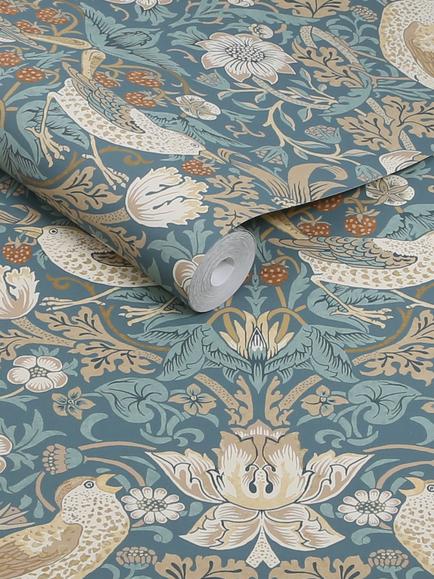 William Morris At Home Strawberry Thief Wallpaper, Washed Blue - view 2, Washed Blue