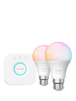 Philips Hue White & Colour Ambiance Essential Starter Kit with 2 Smart B22 Light Bulbs & Bridge, Multi Multi