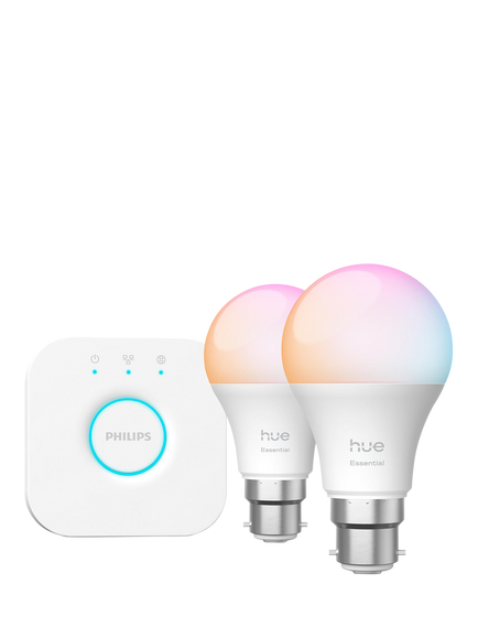 Philips Hue White & Colour Ambiance Essential Starter Kit with 2 Smart B22 Light Bulbs & Bridge, Multi Multi