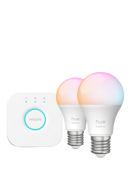 Philips Hue White & Colour Ambiance Essential Starter Kit with 2 Smart E27 Light Bulbs & Bridge, Multi Multi