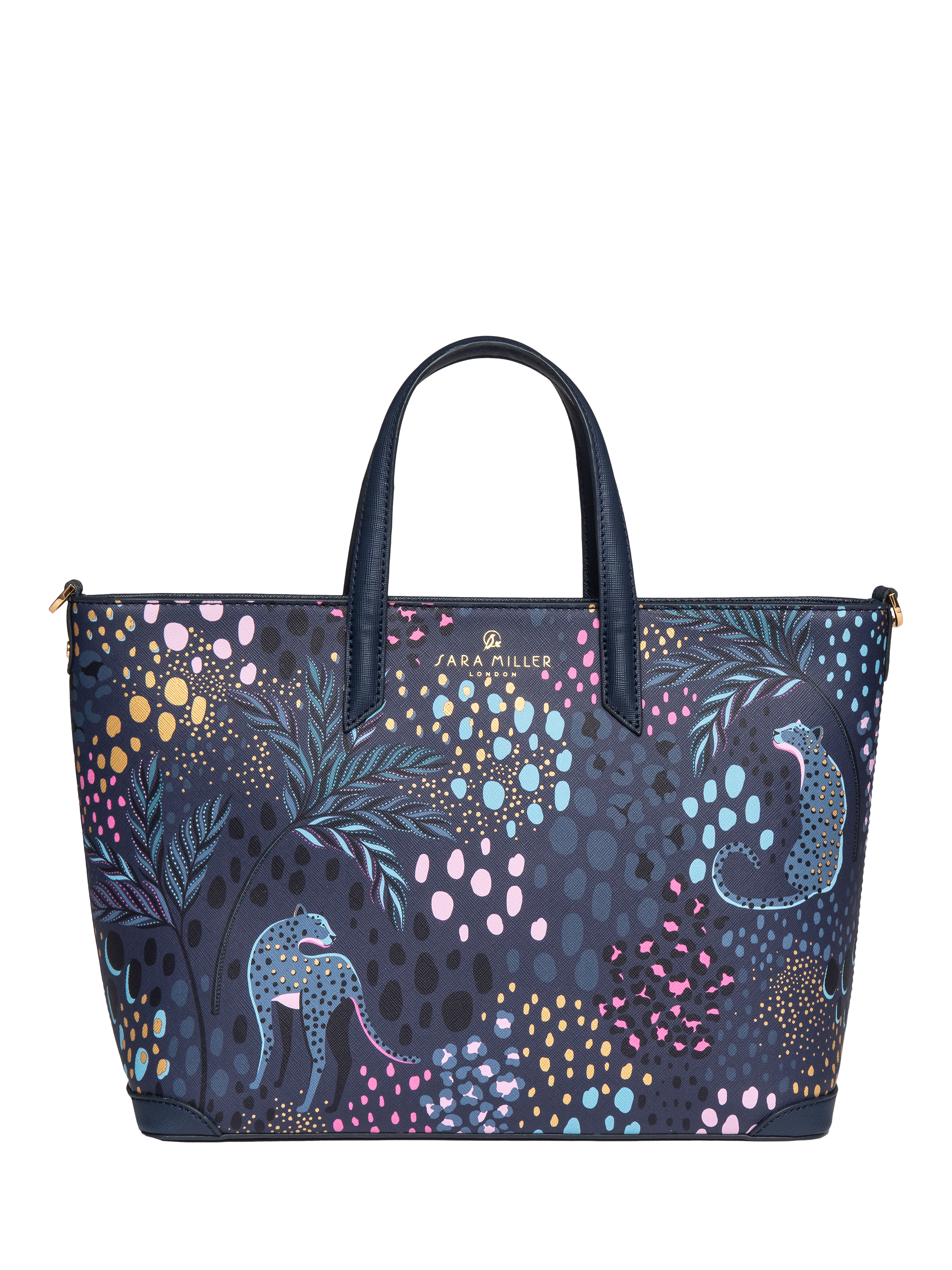 Product image 1 of 7, which shows Sara Miller Medium Faux Saffiano Leather Tote Bag, Midnight Leopard