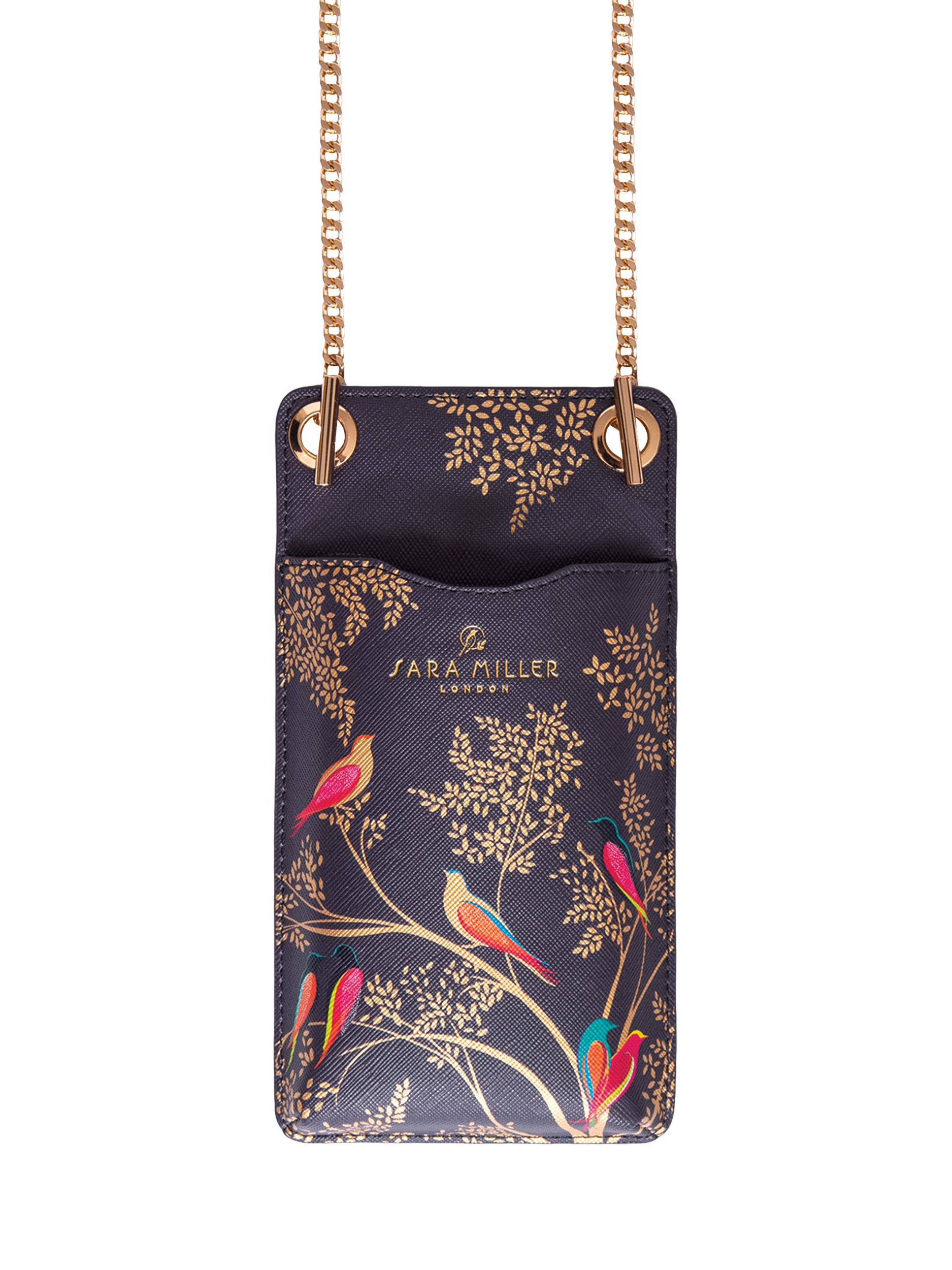 Product image 1 of 3, which shows Sara Miller Faux Saffiano Leather Phone Pouch, Smokey Blue Birds