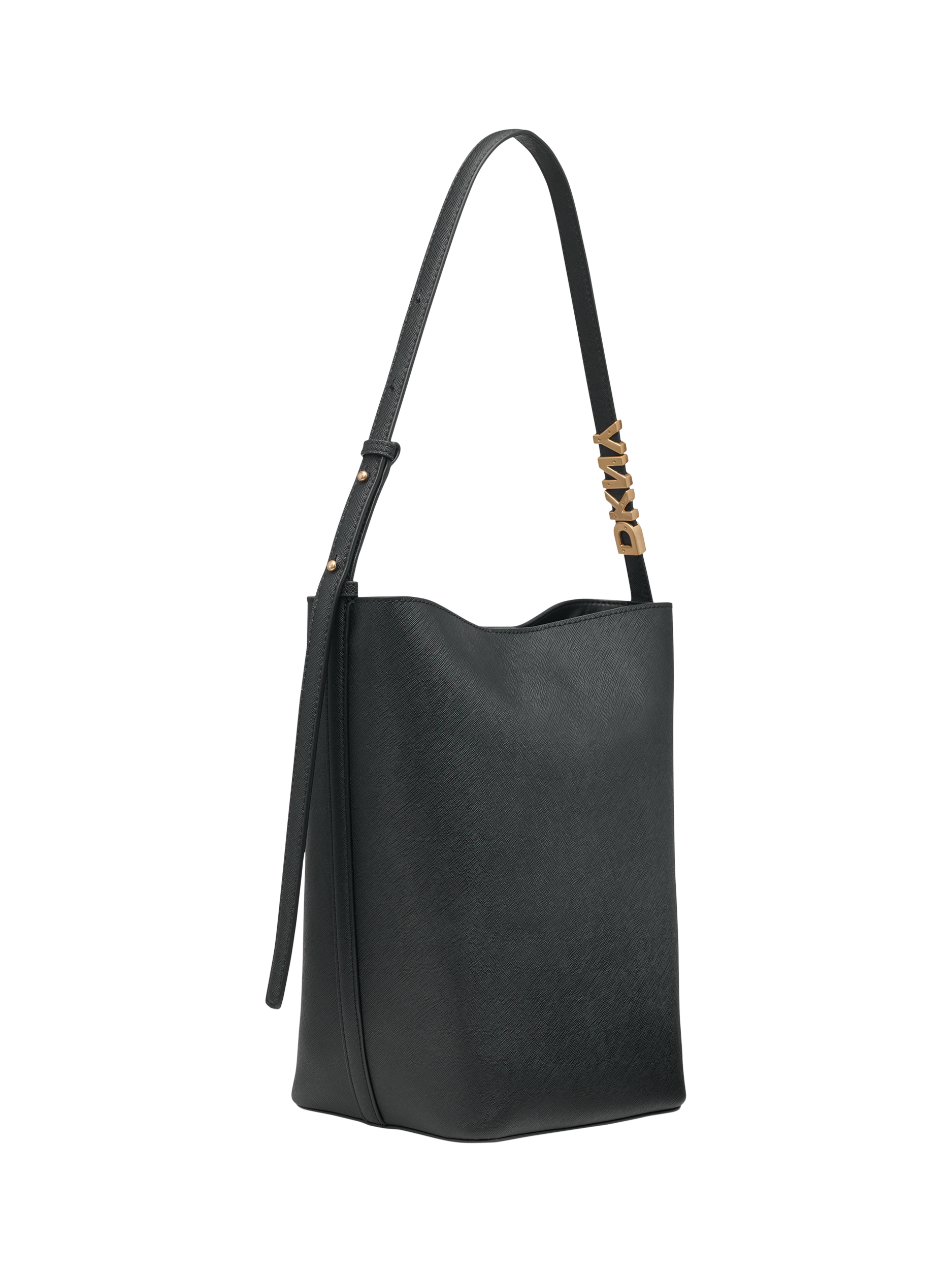 Product image 2 of 5, which shows DKNY Avril Leather Bucket Bag, Black/Gold