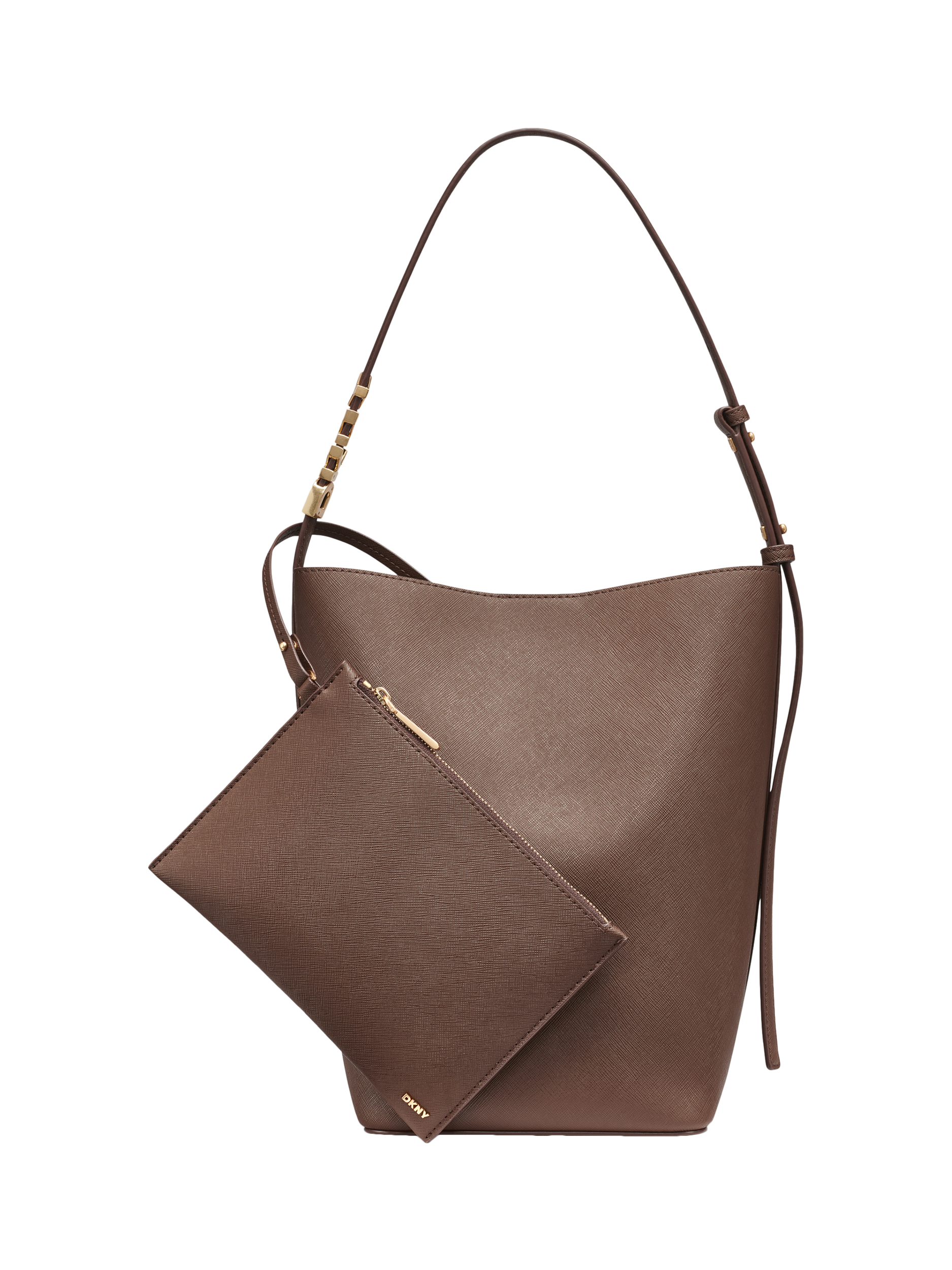 Product image 1 of 5, which shows DKNY Avril Leather Bucket Bag, Chocolate