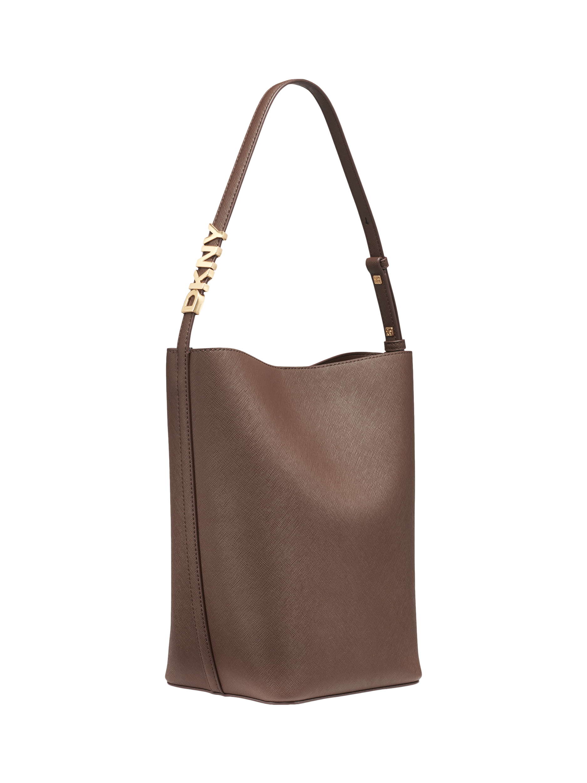 Product image 2 of 5, which shows DKNY Avril Leather Bucket Bag, Chocolate