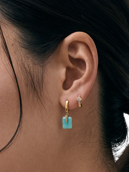 Astley Clarke Art Deco Amazonite Drop Huggie Earrings, Gold/Green - view 2, Gold/Green