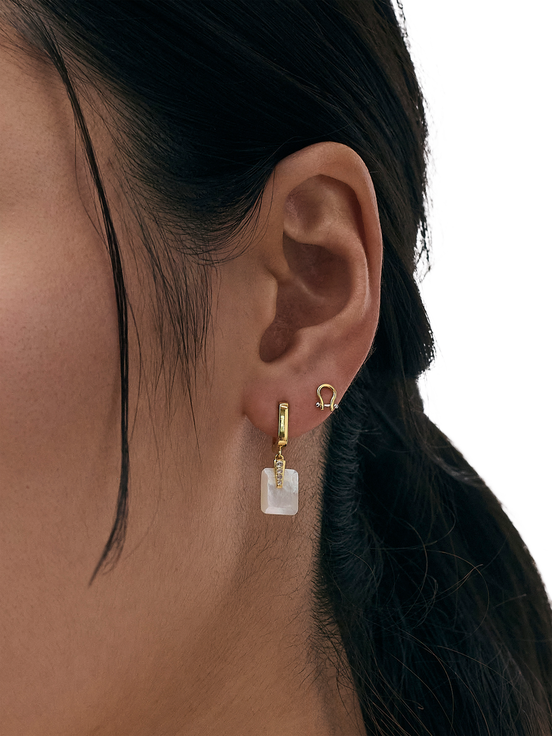 Product image 2 of 3, which shows Astley Clarke Deco Huggie Earrings, Gold/White