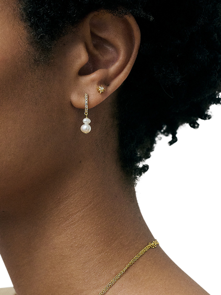 Astley Clarke Pearl and Sapphire Huggie Earrings, Gold/White - view 2, Gold/White