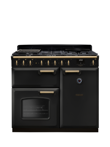 Rangemaster Classic Deluxe CLDL100DFP 100cm Dual Fuel Range Cooker with Gas Hob, Charcoal Black/Antique Brass