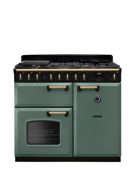 Rangemaster Classic Deluxe CLDL100DFP 100cm Dual Fuel Range Cooker with Gas Hob, Mineral Green/Antique Brass