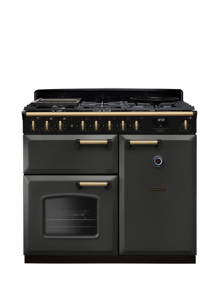 Rangemaster Classic Deluxe CLDL100DFP 100cm Dual Fuel Range Cooker with Gas Hob, Slate/Antique Brass
