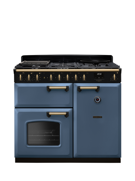 Rangemaster Classic Deluxe CLDL100DFP 100cm Dual Fuel Range Cooker with Gas Hob, Stone Blue/Antique Brass