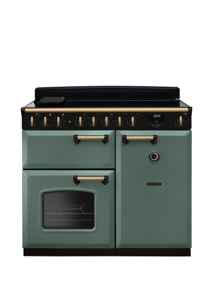 Rangemaster Classic Deluxe CLDL100EIP 100cm Electric Range Cooker with Induction Hob, Mineral Green/Antique Brass