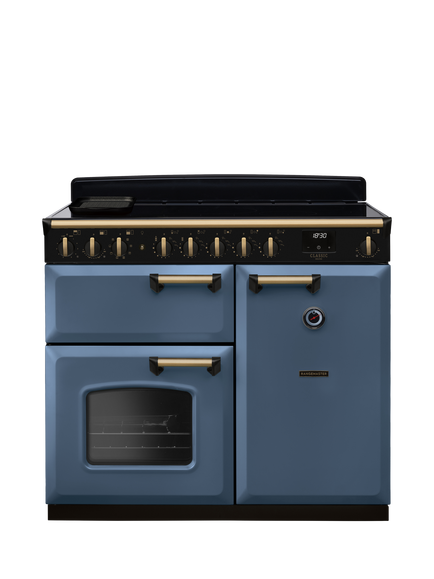 Rangemaster Classic Deluxe CLDL100EIP 100cm Electric Range Cooker with Induction Hob, Stone Blue/Antique Brass