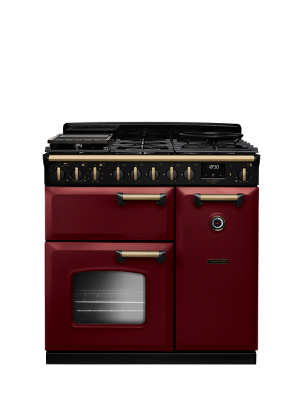Rangemaster Classic Deluxe CLDL90DFP 90cm Dual Fuel Range Cooker with Gas Hob, Bordeaux/Antique Brass