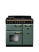 Rangemaster Classic Deluxe CLDL90DFP 90cm Dual Fuel Range Cooker with Gas Hob, Mineral Green/Antique Brass