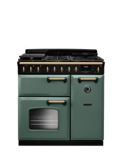 Rangemaster Classic Deluxe CLDL90DFP 90cm Dual Fuel Range Cooker with Gas Hob, Mineral Green/Antique Brass