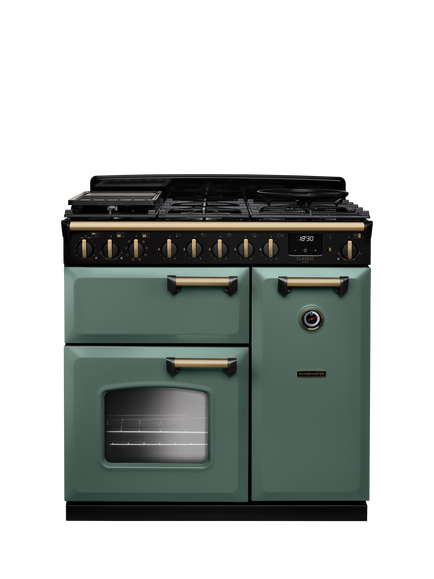 Rangemaster Classic Deluxe CLDL90DFP 90cm Dual Fuel Range Cooker with Gas Hob, Mineral Green/Antique Brass