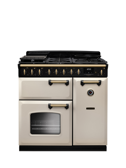 Rangemaster Classic Deluxe CLDL90DFP 90cm Dual Fuel Range Cooker with Gas Hob, Pale Cream/Antique Brass