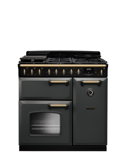 Rangemaster Classic Deluxe CLDL90DFP 90cm Dual Fuel Range Cooker with Gas Hob, Slate/Antique Brass