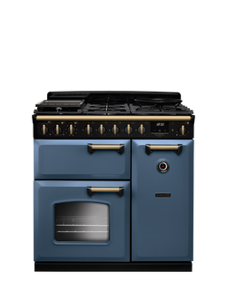 Rangemaster Classic Deluxe CLDL90DFP 90cm Dual Fuel Range Cooker with Gas Hob, Stone Blue/Antique Brass