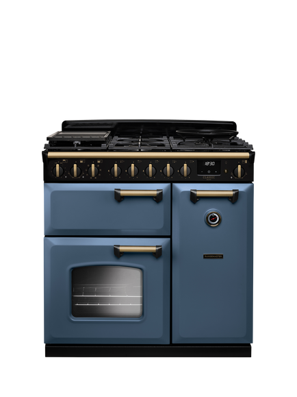 Rangemaster Classic Deluxe CLDL90DFP 90cm Dual Fuel Range Cooker with Gas Hob, Stone Blue/Antique Brass