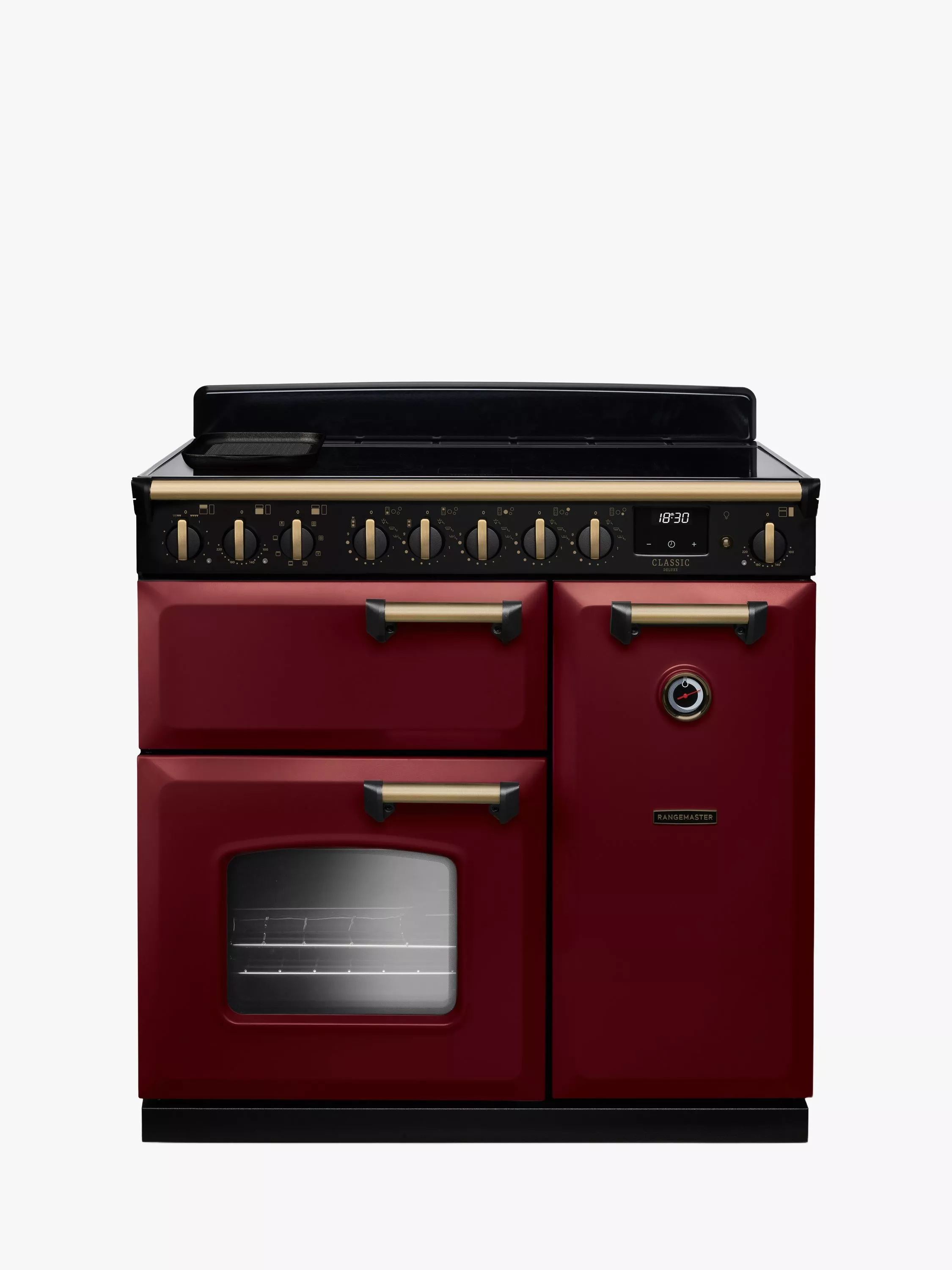 Burgundy Rangemaster Classic range cooker with double ovens, brass handles, hob controls and digital timer display.