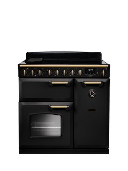 Rangemaster Classic Deluxe CLDL90EIP 90cm Electric Range Cooker with Induction Hob, Charcoal Black/Antique Brass