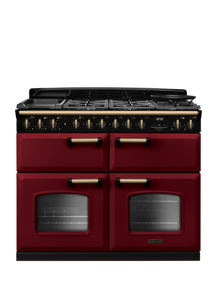 Rangemaster Classic Deluxe CLDLB110DFPBOR/AB1 110cm Dual Fuel Range Cooker with Gas Hob, Bordeaux, Bordeaux/Antique Brass