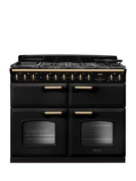 Rangemaster Classic Deluxe CLDLB110DFPBOR/AB1 110cm Dual Fuel Range Cooker with Gas Hob, Bordeaux, Charcoal Black/Antique Brass
