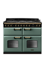 Rangemaster Classic Deluxe CLDLB110DFPBOR/AB1 110cm Dual Fuel Range Cooker with Gas Hob, Bordeaux, Mineral Green/Antique Brass