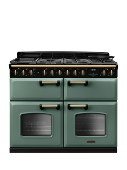 Rangemaster Classic Deluxe CLDLB110DFPBOR/AB1 110cm Dual Fuel Range Cooker with Gas Hob, Bordeaux, Mineral Green/Antique Brass