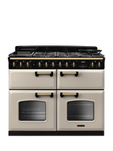 Rangemaster Classic Deluxe CLDLB110DFPBOR/AB1 110cm Dual Fuel Range Cooker with Gas Hob, Bordeaux, Pale Cream/Antique Brass