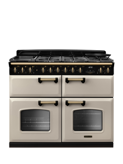 Rangemaster Classic Deluxe CLDLB110DFPBOR/AB1 110cm Dual Fuel Range Cooker with Gas Hob, Bordeaux, Pale Cream/Antique Brass