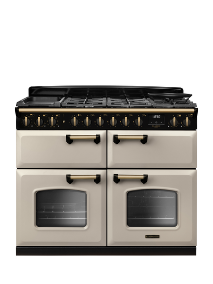 Rangemaster Classic Deluxe CLDLB110DFPBOR/AB1 110cm Dual Fuel Range Cooker with Gas Hob, Bordeaux, Pale Cream/Antique Brass