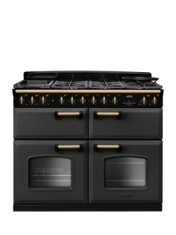 Rangemaster Classic Deluxe CLDLB110DFPBOR/AB1 110cm Dual Fuel Range Cooker with Gas Hob, Bordeaux, Slate/Antique Brass