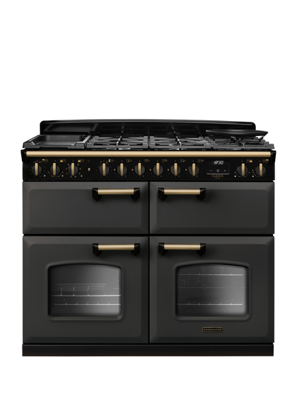 Rangemaster Classic Deluxe CLDLB110DFPBOR/AB1 110cm Dual Fuel Range Cooker with Gas Hob, Bordeaux, Slate/Antique Brass