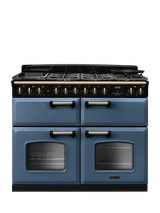 Rangemaster Classic Deluxe CLDLB110DFPBOR/AB1 110cm Dual Fuel Range Cooker with Gas Hob, Bordeaux, Stone Blue/Antique Brass
