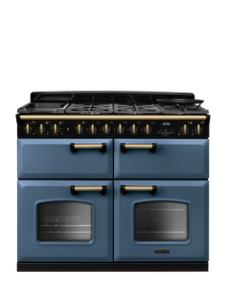 Rangemaster Classic Deluxe CLDLB110DFPBOR/AB1 110cm Dual Fuel Range Cooker with Gas Hob, Bordeaux, Stone Blue/Antique Brass