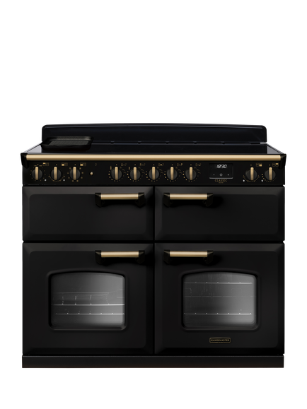 Rangemaster Classic Deluxe CLDLB110EIPBOR/AB1 110cm Electric Range Cooker with Induction Hob, Charcoal Black/Antique Brass