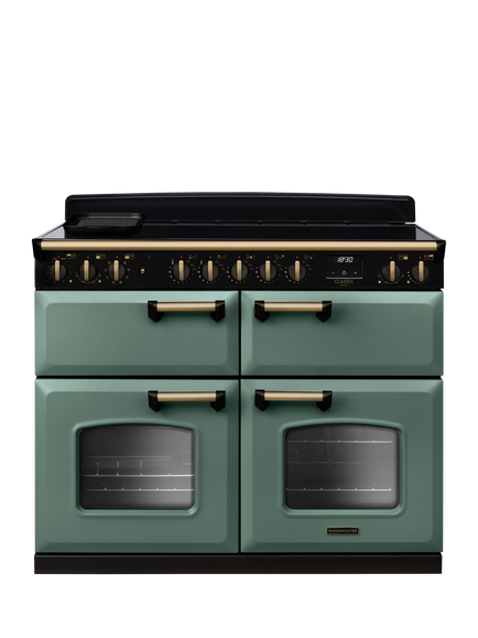 Rangemaster Classic Deluxe CLDLB110EIPBOR/AB1 110cm Electric Range Cooker with Induction Hob, Mineral Green/Antique Brass
