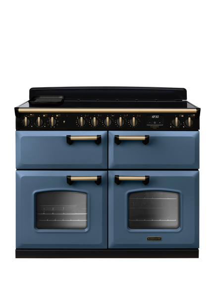 Rangemaster Classic Deluxe CLDLB110EIPBOR/AB1 110cm Electric Range Cooker with Induction Hob, Stone Blue/Antique Brass